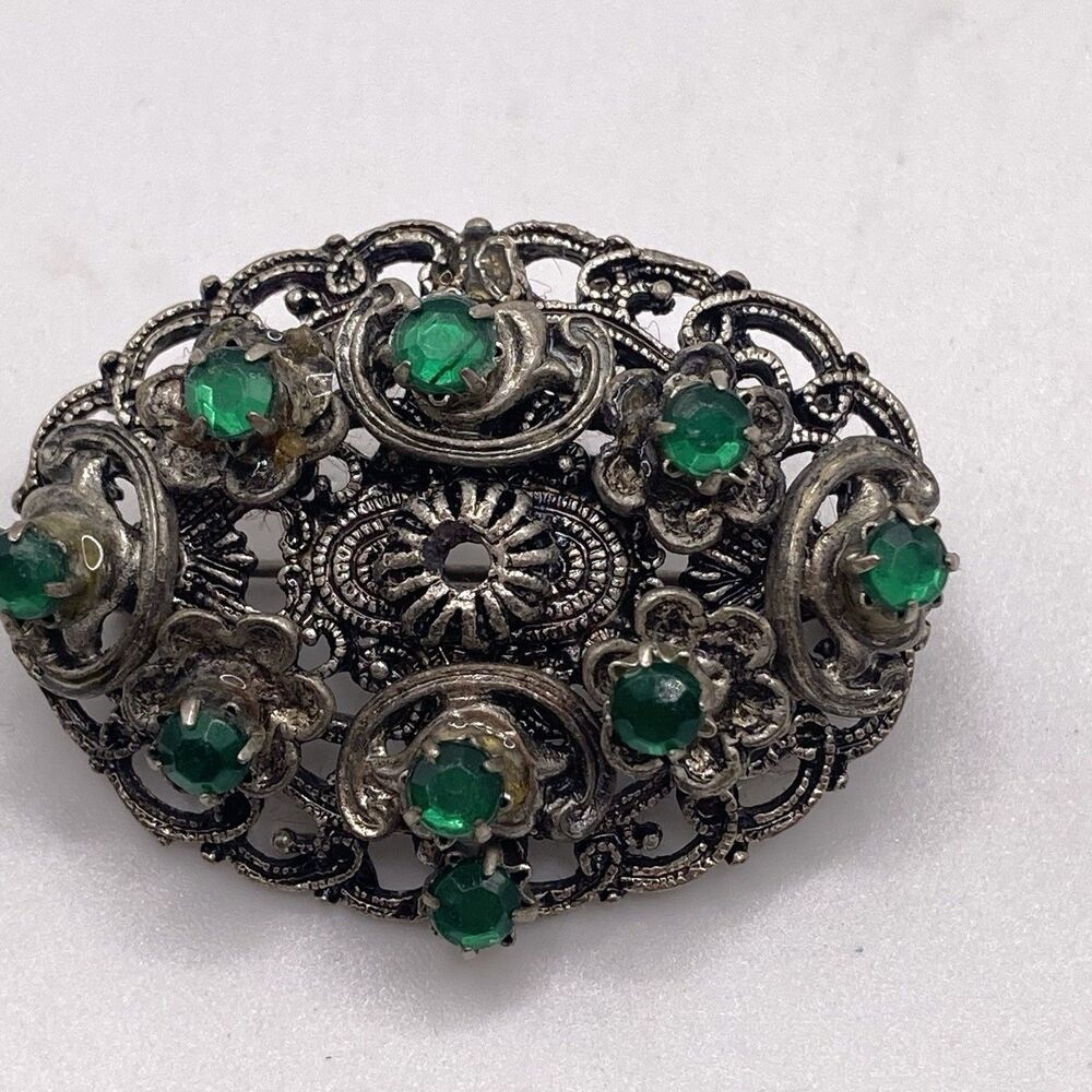 Vintage Brooch Silver-Coloured Green Rhinestones Filigree